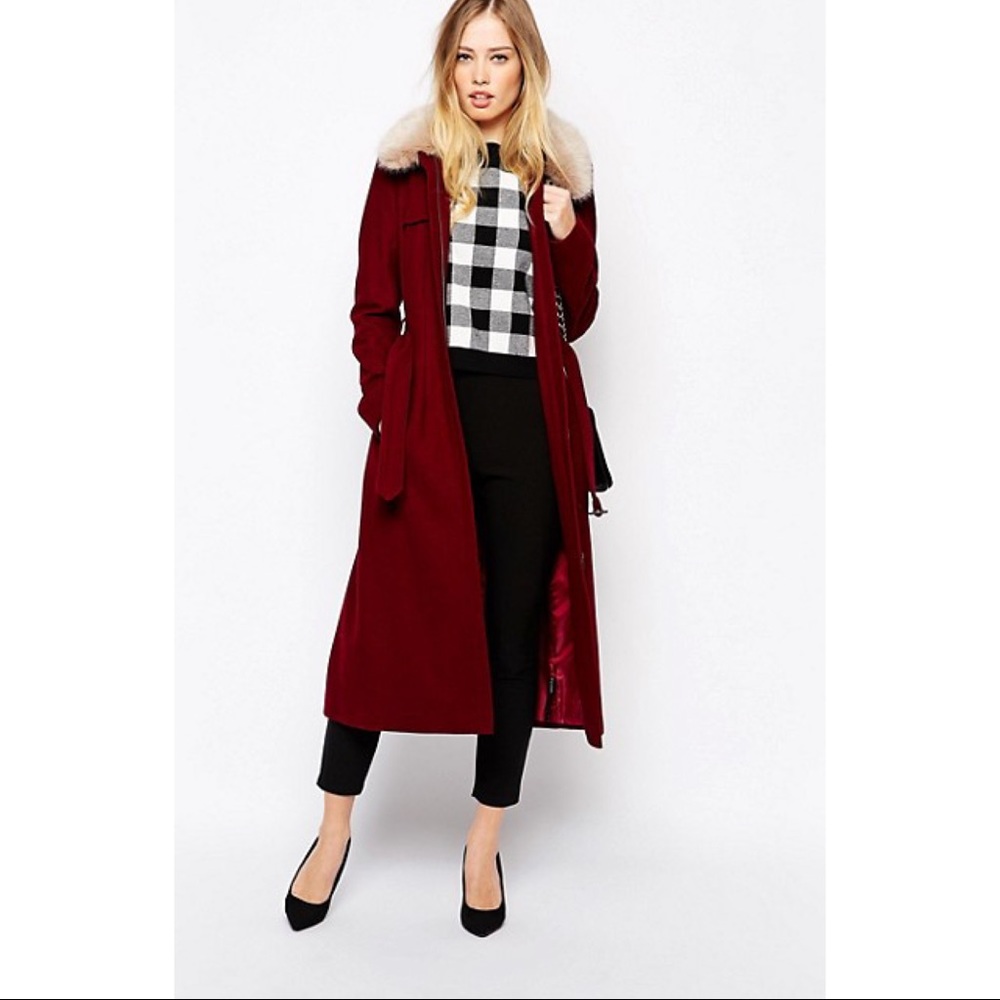 NWOT [asos] cranberry peacoat w/ faux fur collar